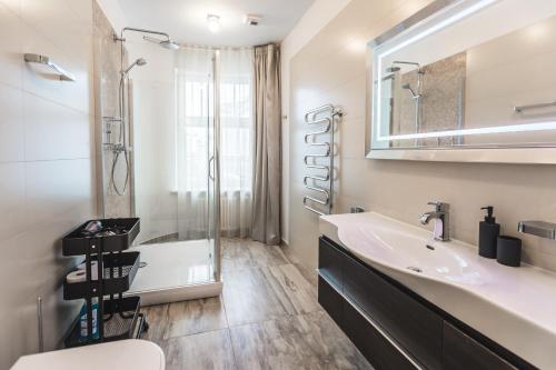 里加Riga Lux Apartments - Skolas的浴室配有水槽、淋浴和浴缸。
