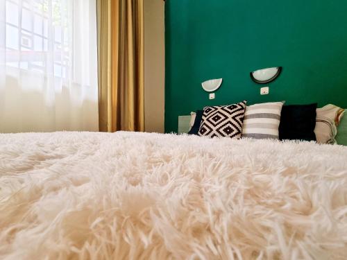 普雷代亚尔Pensiunea Don Sergio的一张带绿色墙壁和枕头的大型白色床