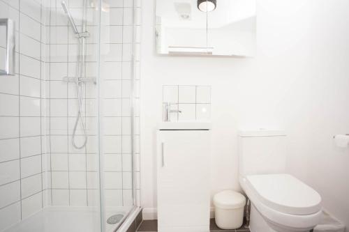 伦敦Brand new one bedroom flat in Central London的白色的浴室设有卫生间和淋浴。