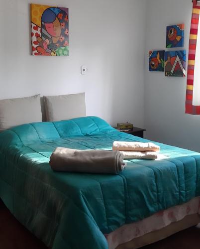 圣洛伦索Apartamento no centro的一间卧室配有一张带蓝色棉被的床
