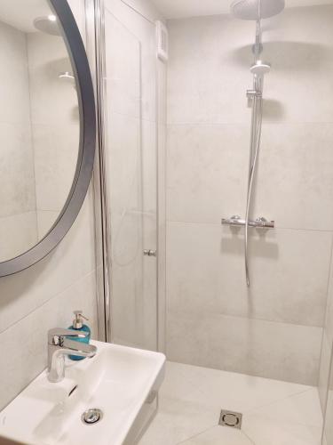 普雷拉BoHouse apartment No2的带淋浴和盥洗盆的白色浴室