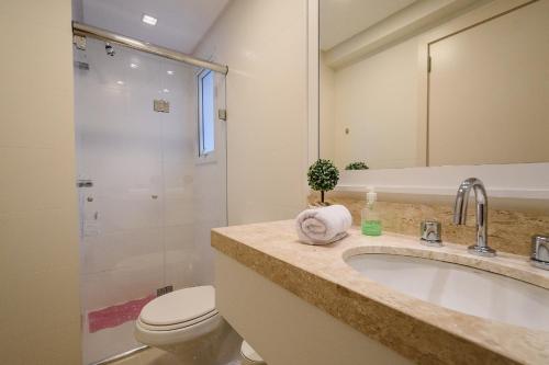 卡内拉Serra Nevada Apartamento- Vista Catedral de Pedra的一间带水槽、卫生间和淋浴的浴室