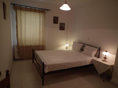 雅典TRADITIONAL HOUSE的一间卧室配有一张床、两盏灯和一个窗户。