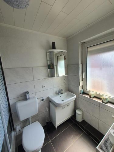 韦尔FEWO BEI LEHMANNS的一间带卫生间、水槽和窗户的浴室
