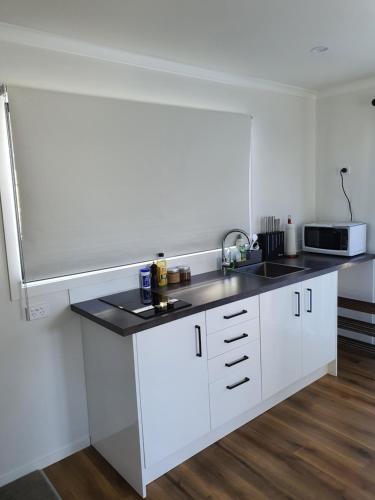 上哈特Modern 1 bedroom guest house的白色的厨房配有水槽和微波炉
