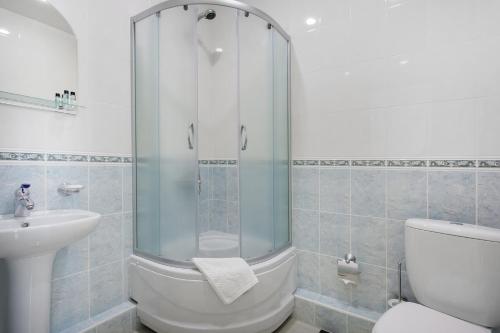 叶森图基Business Hotel Rodina的带淋浴、卫生间和盥洗盆的浴室