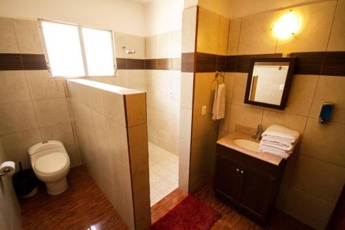 坎昆Departamento céntrico, perfectamente ubicado, dos habitaciones的一间带卫生间、水槽和窗户的浴室