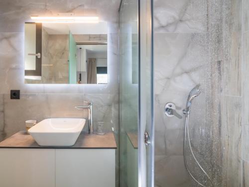 阿凯松Villa Olive Green的浴室配有盥洗盆和带镜子的淋浴
