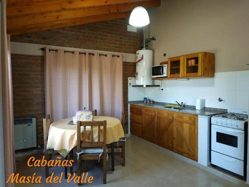 特来凡林Masia del Valle的一间带桌子的厨房和一间带炉灶的厨房