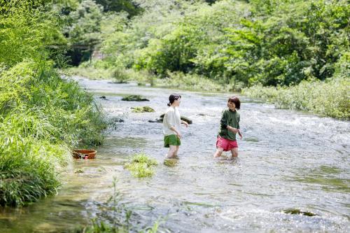 小松市Denpaku Komatsu的两个孩子在河里走过一条小溪