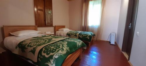 梅斯蒂亚Guest house Lekhtagi的酒店客房设有两张床和窗户。