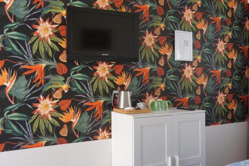 迪斯胡克敦鲁斯特迪舒克宾馆的墙上的电视,带花卉图案的壁纸