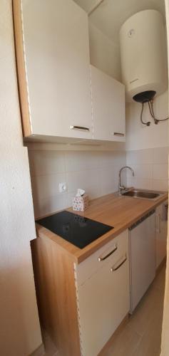 LokevApartma Jasna的小厨房配有白色橱柜和水槽