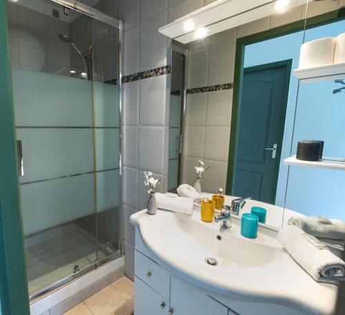 拉西约塔La Ciotat Le Saint Estève的一间带水槽、淋浴和镜子的浴室