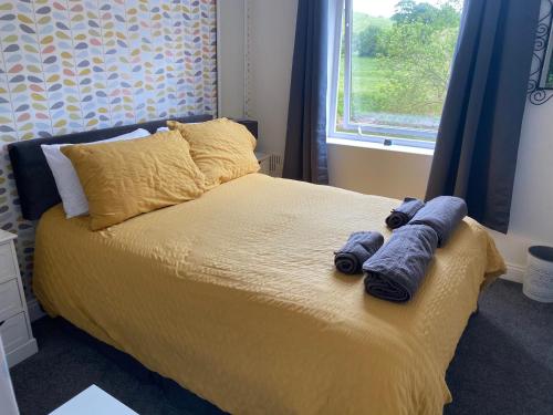 廷特恩Wye View的一间卧室配有一张带2条蓝色毛巾的床