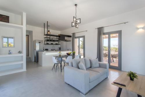帕罗斯岛Bluebell Resort Villa SUNSET的客厅以及带沙发和桌子的厨房。