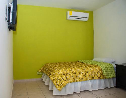 奥夫雷贡城Hotel Bugambilias的一间卧室配有一张带绿色墙壁的床
