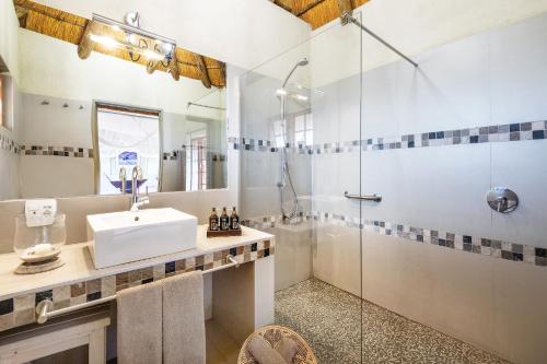 奥奇瓦龙戈Frans Indongo Lodge的一间带水槽和淋浴的浴室