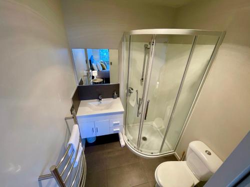 皇后镇Villa Queenstown的带淋浴、盥洗盆和卫生间的浴室