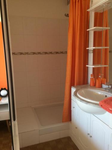 阿格德角Studio Naturiste PaulAna Héliopolis L39的浴室设有橙色淋浴帘和水槽
