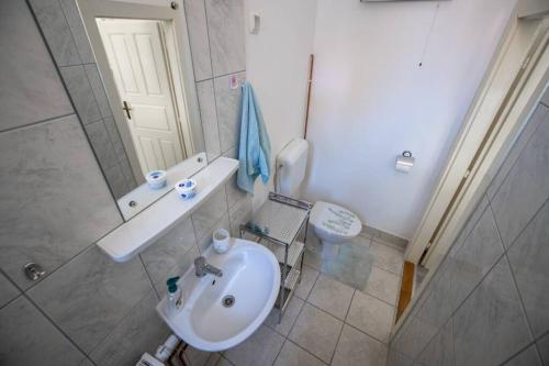 瓦拉日丁Apartman Gaudeamus的一间带水槽、卫生间和镜子的浴室