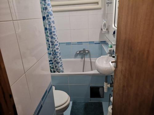 萨格勒布Apartman Myra的浴室配有卫生间、浴缸和水槽。