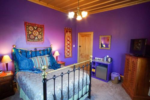 纳皮尔Sea Breeze B & B的一间卧室设有紫色的墙壁和一张带蓝色枕头的床