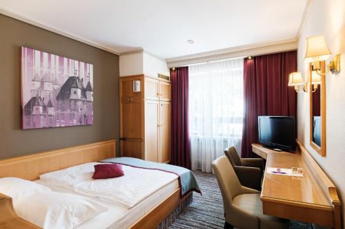 施瓦格明德百利金酒店的酒店客房配有一张床、一张书桌和一台电视。