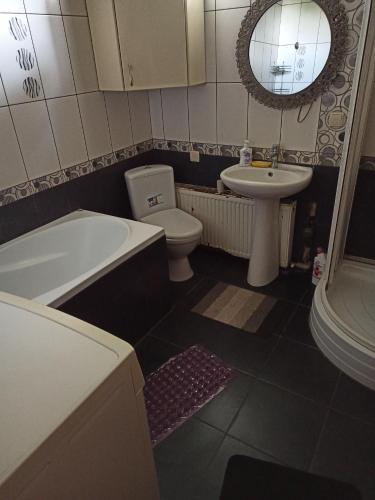 OkhtyrkaПетропавловская 16的浴室配有卫生间、盥洗盆和浴缸。