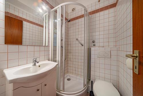 布达佩斯博比奥酒店的一间带水槽、淋浴和卫生间的浴室
