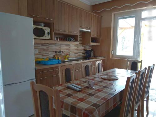 豪伊杜索博斯洛Family Holiday Home的厨房配有桌子和白色冰箱。
