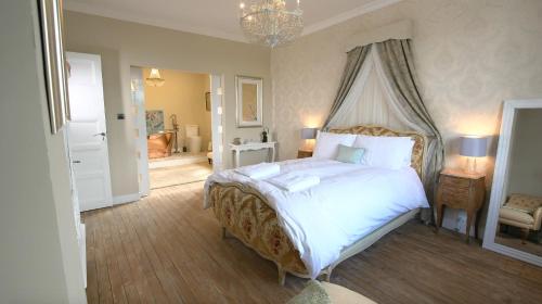 贝尔热拉克R & R BERGERAC的一间卧室配有一张大床和一个吊灯。