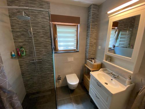 萨拉热窝Guesthouse Old Town的带淋浴、卫生间和盥洗盆的浴室