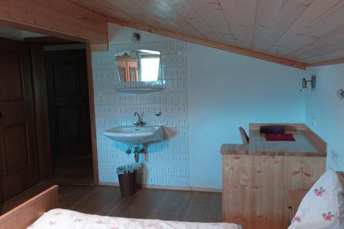 皮森多夫恩特霍尔兹霍夫农家乐的一间带水槽和镜子的浴室以及一张床