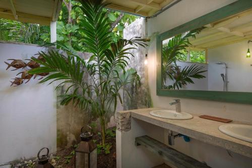 NolhivaranfaruMi Lugar Maldives的一间带两个盥洗盆和大镜子的浴室