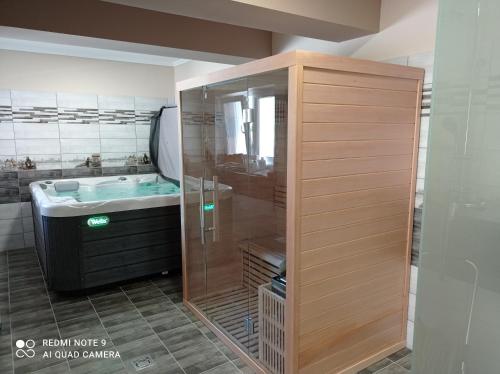 佐洛卡罗斯Karos Bianco Apartmanház的一间带玻璃淋浴和水槽的浴室
