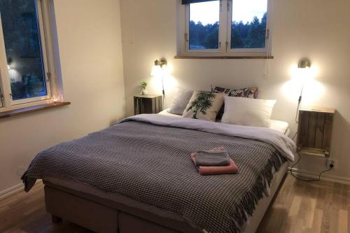 古斯塔堡Cottage perfect for short time rent的一间卧室设有一张大床和两个窗户