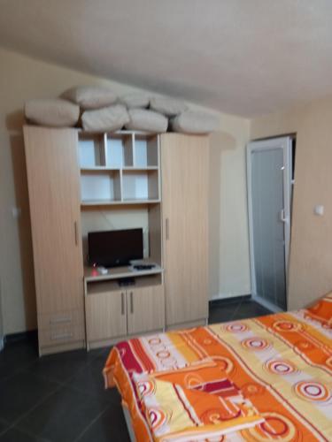 安吉MD Apartmani Canj的一间卧室配有一张床和一张书桌及电视
