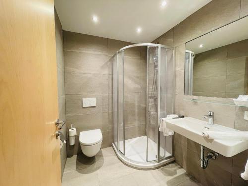 德弗雷根谷地圣雅各布加尼汉堡酒店的带淋浴、卫生间和盥洗盆的浴室