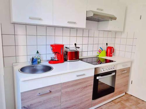 莱比锡Gemütliches Apartment Nähe Hauptbahnhof的厨房配有水槽和台面