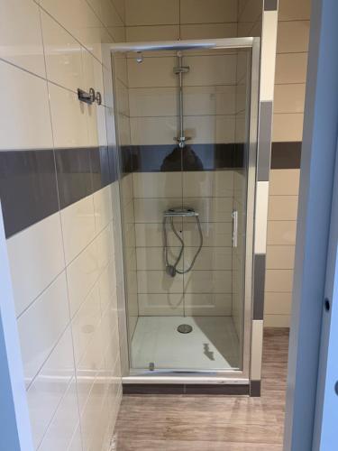 博蒙昂韦龙Le Relais Du Velors的浴室里设有玻璃门淋浴