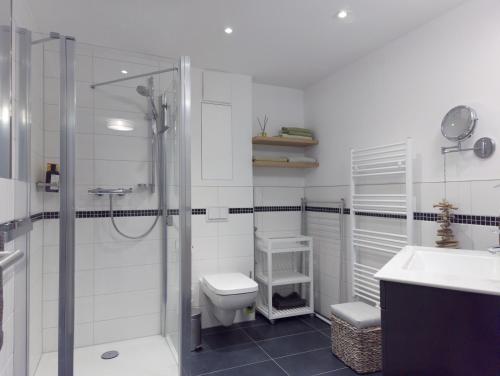 普特布斯Jolle 54的浴室配有卫生间、淋浴和盥洗盆。