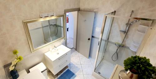 阿尔考斯布里EL Gecko的带淋浴、盥洗盆和镜子的浴室