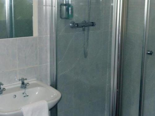诺里奇威廉四世旅馆的一间带玻璃淋浴和水槽的浴室