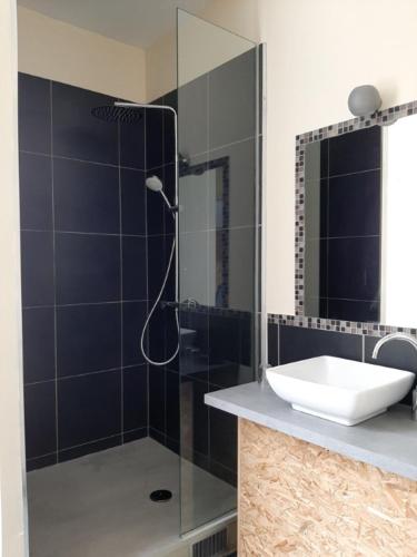 里尔乐维拉30号酒店的浴室配有盥洗盆和带镜子的淋浴