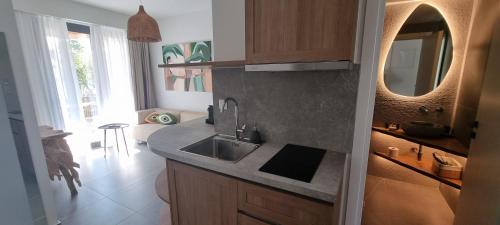 卡利塞亚-豪客迪克斯Olvion Luxury Living的厨房配有水槽和镜子