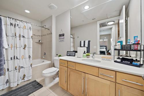 休斯顿Corporate rental unit City Centre, Energy Corridor的一间带水槽、卫生间和镜子的浴室
