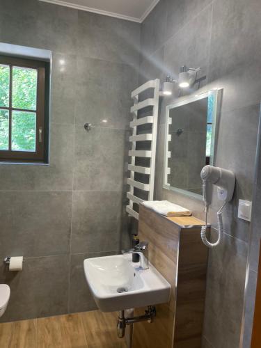 卡尔帕奇Apollo & SPA Karpacz的一间带水槽、镜子和淋浴的浴室