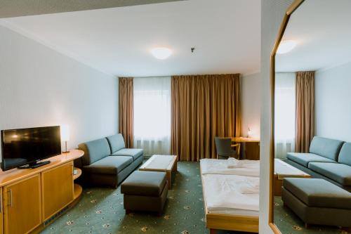 奥洛穆茨奥洛穆茨普拉查尔纳公园酒店的一间配备有沙发及电视的酒店客房
