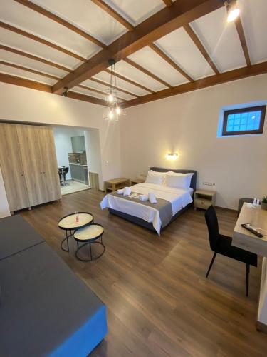 美特索文11 Luxury Apartments Metsovo的一间卧室设有一张床和一间客厅。